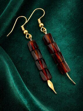 Dark Topaz Dangle Earrings | Faceted Czech Glass Barrel Beads | Gold Plated
